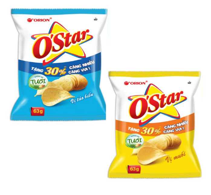 베트남 내에서 한국 회사 오리온에서 생산하고 있는 오리온 O'Star의 과자가 접시 위에 올라가있다